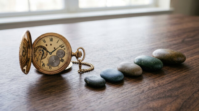 Vintage golden brass pocket watch displayed next to aligned row of five colorful smooth river stones on dark wooden table.