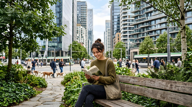 Young woman smiling while reading a book on a wooden bench in a green urban park surrounded by modern skyscrapers.