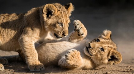 Obraz premium Two young lion cubs play together on dusty ground. Small feline predators wrestle, fight in african savanna. Baby animals practice hunting skills in wild nature during safari trip. Cute cubs interact