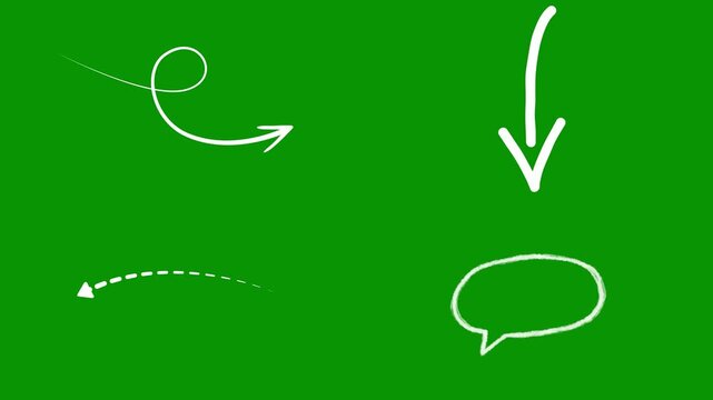 collection of white doodle animations on green screen, including sweeping curved arrow, straight downward arrow, small dotted arrow, and minimal oval speech bubble for creators.
