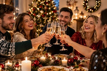 Obraz premium Friends Celebrate Together During a Holiday Gathering With Drinks and Food