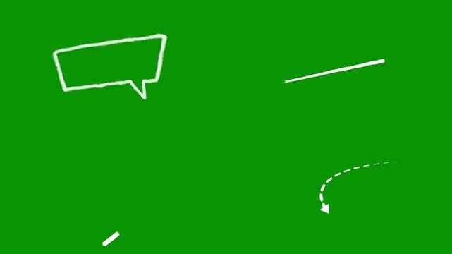 Set of four hand-drawn white doodle elements on green screen, providing rectangular speech bubble, solid straight arrow, cute hand-drawn heart, and curved dotted arrow for edits.