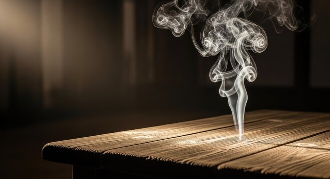 A rustic wooden table surface sits in a dark, atmospheric room as wisps of ethereal white smoke curl and rise gracefully into the shadows, furniture, vapor, indoor