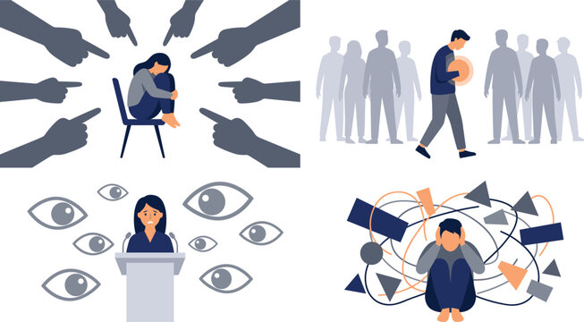 Social Anxiety and Mental Health Problems Concept Illustration Set Depicting Public Judgment, Social Phobia, Fear of Public Speaking, and Internal Panic Chaos