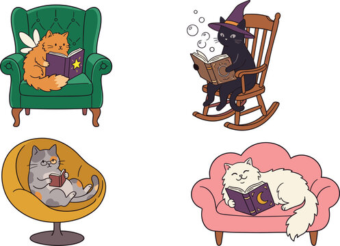 Cute Whimsical Cat Sticker Set Featuring Adorable Feline Characters Reading Magic Spell Books on Cozy Armchairs Couches and Rocking Chairs