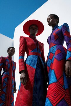Three black fashion models wear vibrant afrofuturism outfits with bold geometric patterns. Stylish women pose in red blue, purple haute couture clothes under blue sky. Modern african clothing trends