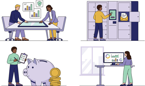 Business Operations Icon Set with Diverse Professionals Analyzing Data Charts, Managing Smart Lockers, and Saving Money for Financial Investment Concepts
