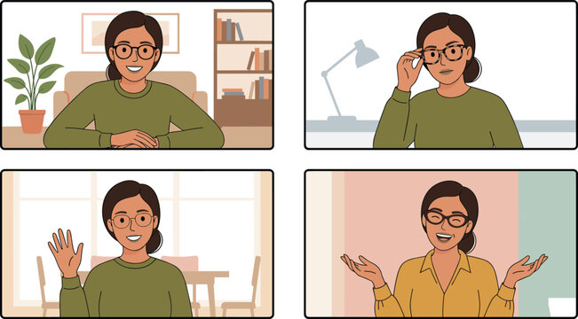 Online Video Call Screen Interface Icon Set Featuring Woman Working from Home, Waving Hand, adjusting Glasses, and Presenting in Virtual Business Meeting