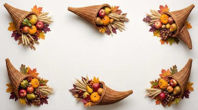 Colorful cornucopias overflowing with autumn fruits and vegetables flat lay