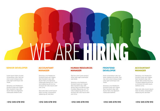 This we are hiring announcement features colorful silhouettes for various job openings. Finding job openings is easy with this modern we are hiring layout for professional recruitment.