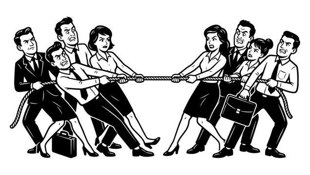 Business team competition with professionals pulling rope in tug of