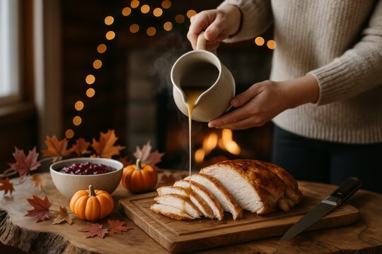 A sliced roast turkey breast is served on wooden board. A person pours gravy from a white jug. Cranberry sauce and small pumpkins are on the table