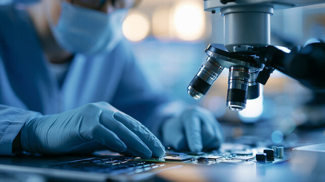 Circuit inspection quality control under a microscope, faceless laboratory technician analyzing high-speed circuit boards, with copy space