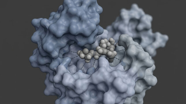 3D molecular model of a small molecule ligand binding into active site pocket of receptor protein against dark grey backdrop.
