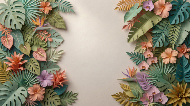 3D Paper Cut Lush Tropical Botanical Frame with Hibiscus Flowers and Monstera Leaves