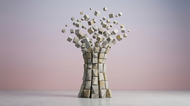 Abstract stone pillar dissolves into flying cubic fragments against soft gradient background representing growth and evolution.
