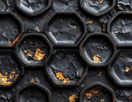 Seamless pattern of interlocking hakkaku-kikko octagon cell grid in black raku glaze, crackle texture