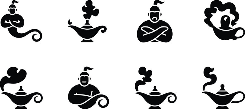 Eight black silhouette of genies and magic lamps isolated on a white background spirit