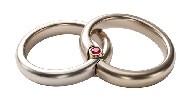 Interlocking wedding bands with a single red gemstone symbolizing eternal love and commitment
