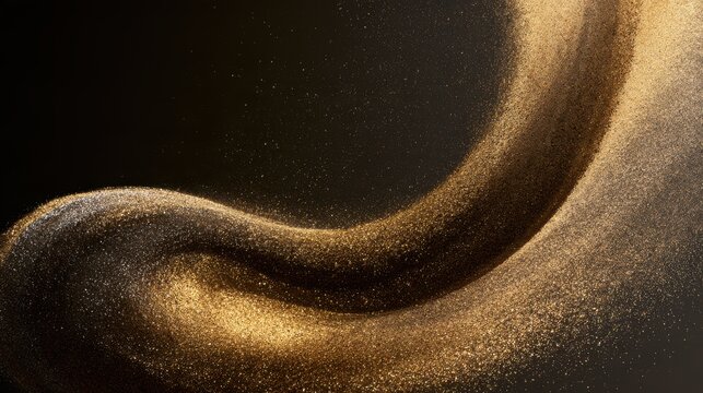 Fluid C-curve of shimmering gold and silver particle dust, on dark charcoal