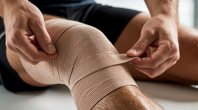 Athletic man applies elastic compression bandage to injured knee for support. Male person wraps beige medical tape around leg joint to prevent sprain. Close up of knee taping therapy for injury