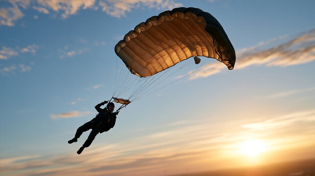 Faceless parachutist descending at sunset, extreme sport, entertainment and recreation concept, with copy space