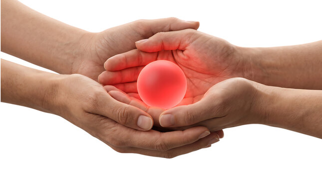 Two pairs of hands gently cradling a glowing red orb against a dark background