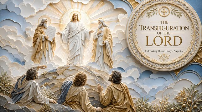Glorious Transfiguration of the Lord with Moses and Elijah in Layered Papercut Style for Feast August 6 Celebration Banner and Christian Background