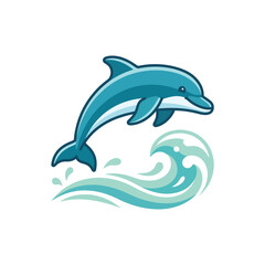 Fototapeta premium Modern Flat Vector Icon of a Joyful Blue Dolphin Jumping Over an Ocean Wave Splash, Minimalist Marine Animal Illustration Isolated on White Background