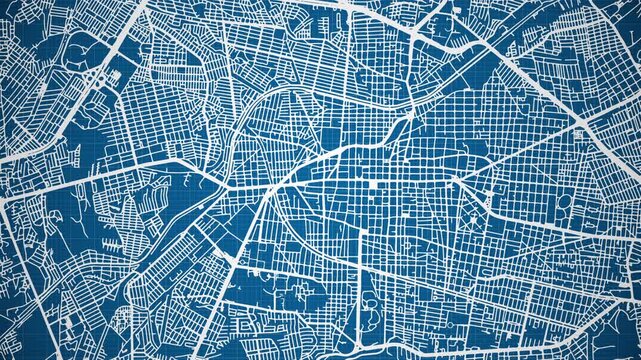 Ink reveal animation of Morelia city, Michoac&aacute;n, Mexico (M&eacute;xico) grid map. Aerial top view. Blueprint style. White lines with blue background. 4K Seamless loop.