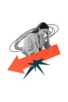 Vertical photo collage of sad businesswoman arrow decline economy problem recession bankrupt statistics isolated on painted background