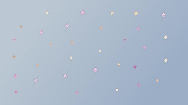 ピンクとオレンジの四芒星が漂い縦長の光芒が輝くキラキラ背景のループアニメーション