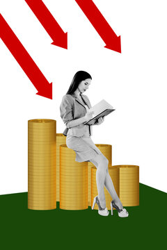 Vertical poster collage young businesswoman golden coins stack money recession economy crisis devaluation bankruptcy startup business