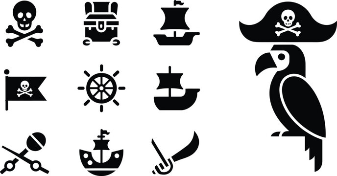 Pirate themed set featuring skulls, treasure chests, ships, steering wheels, and parrots in black