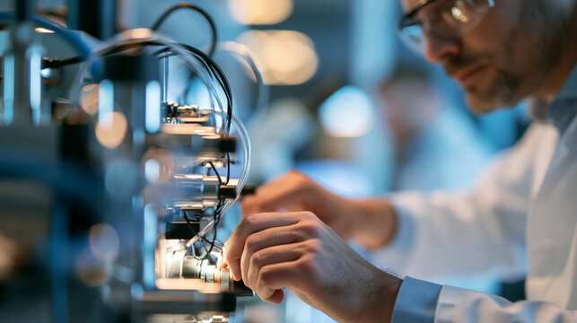 Faceless man in a white lab coat working on an intricate machine with wires and tubes, technical laboratory concept, with copy space