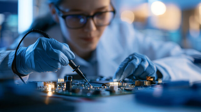 Faceless engineer in a white coat repairing an electronic circuit board with a probe, hardware testing and troubleshooting concept, with copy space