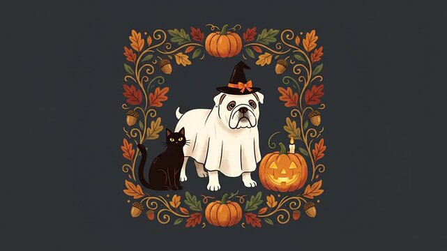 Cute white bulldog ghost and black cat in autumn leaves frame