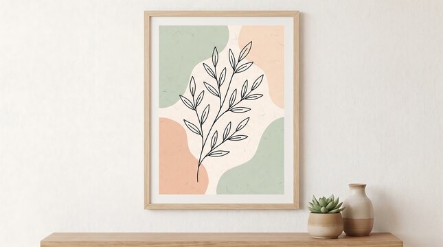 Minimalist botanical line art print in a wooden frame on a white wall