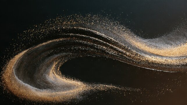 Fluid C-curve of shimmering gold and silver particle dust, on dark charcoal