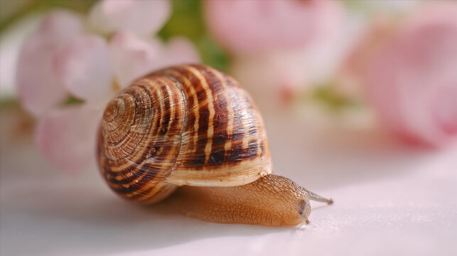 Garden Snail with Striped Shell on Soft Pink Background