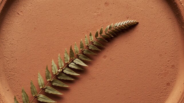 Single dried fern leaf on textured terracotta orange clay surface, warm earthy tone background with diagonal composition and ample copy space for minimalist design