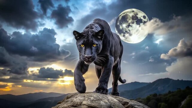 Black panther walking on rock under full moon at sunset