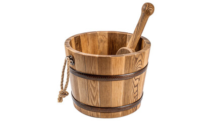 Traditional rustic wooden bucket with water scoop spa bathroom accessory isolated on transparent background © Yusuf