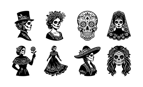 Day of the Dead sugar skull women set with floral decorations and traditional attire for logo and print