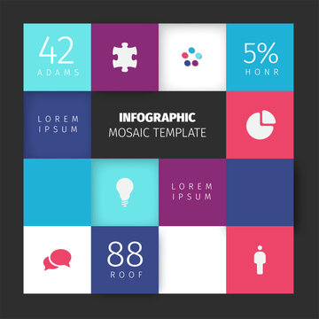 This infographic mosaic template features a clean layout with colorful squares. Use this versatile infographic mosaic template to display data and creative icons for your business.