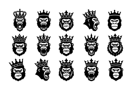 Gorilla king head silhouettes set with crowns for logo and signage