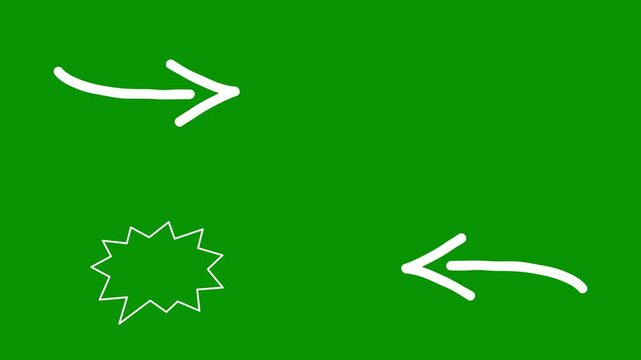 White animated doodle items against green screen. This particular video file includes dynamic curved arrow, dead crossed-eyes face emoji, jagged starburst, and straight arrow line.