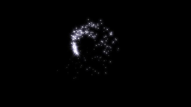 Sparkling fairy dust trails, white shining dust light, twinkling white shimmer particles star line, magical fairy dust, glowing doodle stars, luxury starlight transition on black background. 4k video
