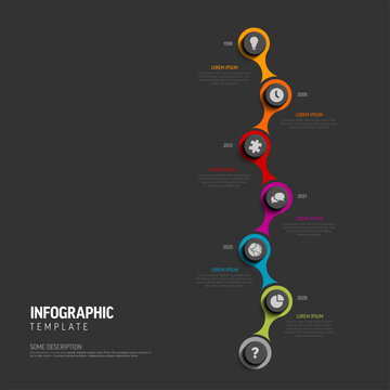 This professional infographic timeline template features six steps on a dark background. Use this infographic timeline to visualize your business process and progress efficiently.