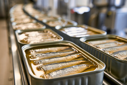 Open rectangular tins containing headless sardines arranged in oil pass through an assembly line in a clean factory environment with machinery
